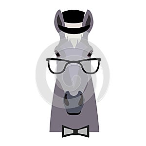 Vector grey horse head in glasses wearing bowtie and cap