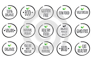 Vector grey symbols with green leaves on white. Healthy Food logos.