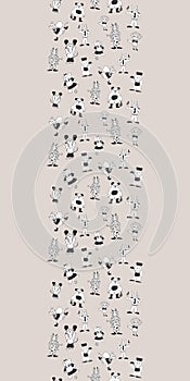 Vector grey vertical border black and white fun anthromorph cartoon characters seamless pattern background