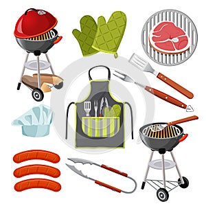 Vector grill, mittens, fresh meat on grid, sausages, shovel, fork