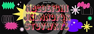 Vector groovy psychedelic shiny alphabet. Contemporary funky hand drawn trippy font. Simple geometric y2k shapes backdrop. Liquid