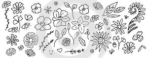 Vector groovy retro flowers hand drawn illustration set.