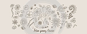 Vector groovy retro flowers hand drawn illustration set.