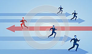 Vector of a group of businessmen running in one direction and one business man in opposite