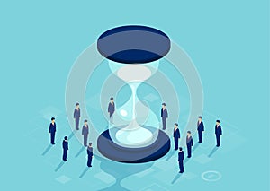 Vector of group of businessmen standing around hourglass solving a problem