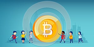 Vector of a group of children standing next to a bitcoin