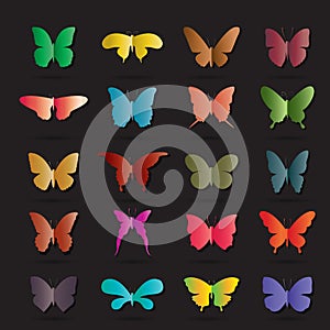 Vector group of colorful butterfly on black background.
