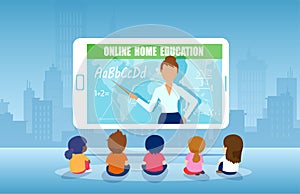 Vector of a group of kids watching online teacher class on tablet computer