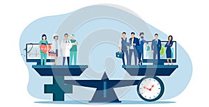 Vector of a group of medical professionals and a group of businesspeople standing on the scales