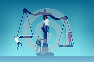 Vector of a group of people climbing up the justice scales