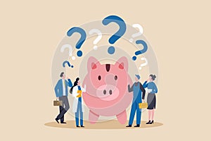 Vector of a group of people of different occupations standing next to a piggy bank thinking about their financial future and