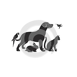 Vector group of pets - Dog, Cat, Humming bird, Parrot, Rabbit isolated on white background. Pet Icon or logo, Easy editable