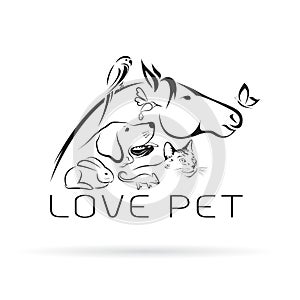Vector group of pets - Horse, dog, cat, bird, butterfly.