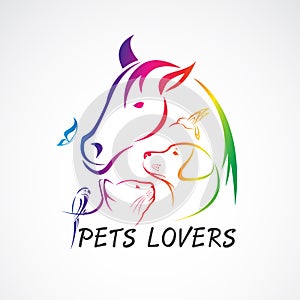 Vector group of pets - Horse, dog, cat, bird, butterfly, rabbit isolated on white background. Pet Icon, Easy editable layered