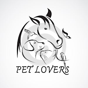 Vector group of pets - Horse, dog, cat, bird, butterfly, rabbit