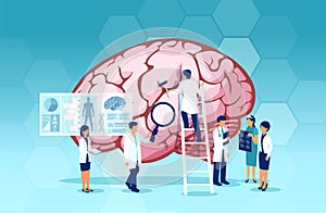 Vector of a group of scientists and doctors study human brain and psychology. Medical neurology research