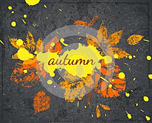 Vector grunge banner on autumn theme. Postcard with leaves and blots.