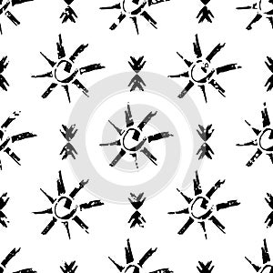 Vector grunge ethnic and tribal motifs seamless pattern background. Black and white backdrop with star symbols and arrow