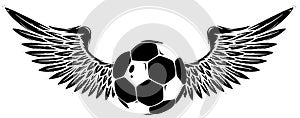 Vector Grunge image with winged soccer ball black silhouette