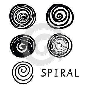 Vector grunge organic ink textured spiral elements set . Abstract swirl motion brush stroke.