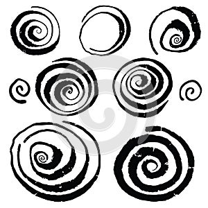 Vector grunge organic ink textured spiral elements set . Abstract swirl motion brush stroke