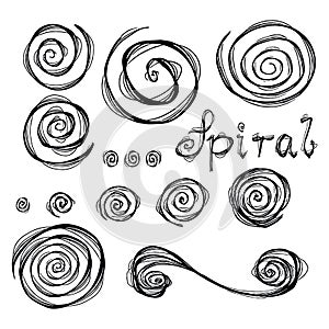 Vector grunge organic ink textured spiral set. Abstract design elements set.