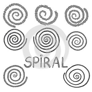 Vector grunge organic ink textured spiral set. Abstract design elements set.