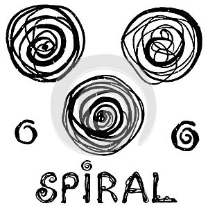 Vector grunge organic ink textured spiral set. Abstract design elements set.