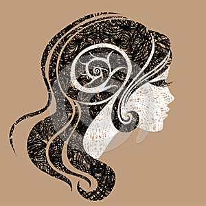 Vector grunge portrait of woman with long hair