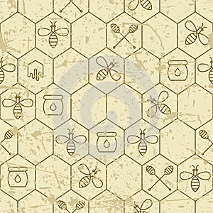 Vector grunge seamless pattern with linear bees, honeycombs, honey dipper symbol and design elements.