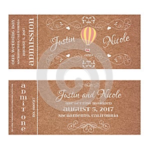Vector Grunge Ticket for Wedding Invitation with Montgolfier