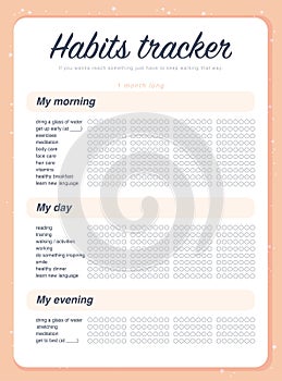 Vector habits tracker page design template calendar  for month.