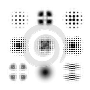 Vector halftone effects set. Monochrome dots in circles isolated on background. Vector illustration