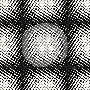 Vector halftone geometric seamless pattern. Crossing diagonal lines, different thickness stripes, grid, mesh.