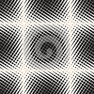 Vector halftone geometric seamless pattern. Crossing diagonal lines, different thickness stripes, grid, mesh.