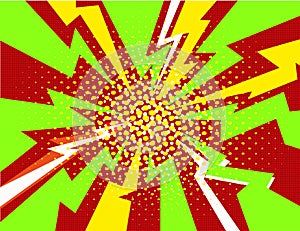 Vector halftone pop art comic style lightning explosion background