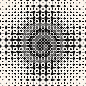 Vector halftone seamless pattern with circles, squares, rings.