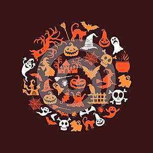Vector halloween background with witches, pumpkins, ghosts