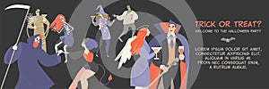 Vector Halloween banner template with funny cartoon people dressed in monster costumes dancing at a party