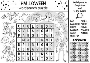 Vector Halloween black and white wordsearch puzzle for kids. Simple crossword or coloring page with haunted house and scary things photo