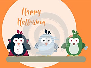 Halloween card template with stylized penguin characters. Modern flat illustration.