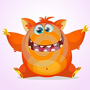 Vector Halloween cartoon of an orange fat and fluffy Halloween monster. Cute monster with big ears smiling and waving