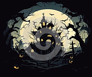 vector halloween castle . scary trees around house. creepy sihouettes vector illustration on grey and orange background