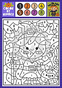 Vector Halloween color by number activity with cute kawaii witch and pumpkin. Autumn scary holiday scene. Black and white counting