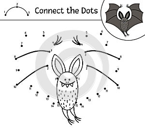 Vector Halloween dot-to-dot and color activity with cute bat. Autumn holiday connect the dots game. Funny coloring page for kids