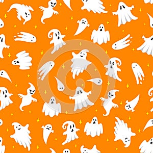 Vector Halloween ghost seamless pattern. Cute white flying ghosts on orange background with stars. Spooky cartoon