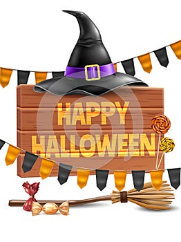 Vector happy halloween poster witch hat, broom photo