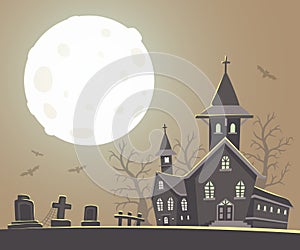 Vector halloween illustration of haunted house, cemetery, bats,