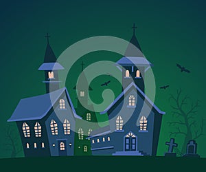 Vector halloween illustration of haunted house, cemetery, bats w