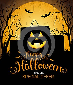 Vector Halloween illustration with smiling shopping bag and lettering. Sale banner.Happy Halloween illustration